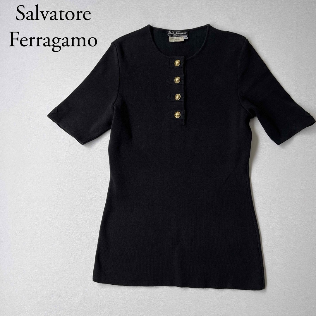 約45cm袖丈Salvatore Ferragamo フェラガモ　リブニット　金ボタン