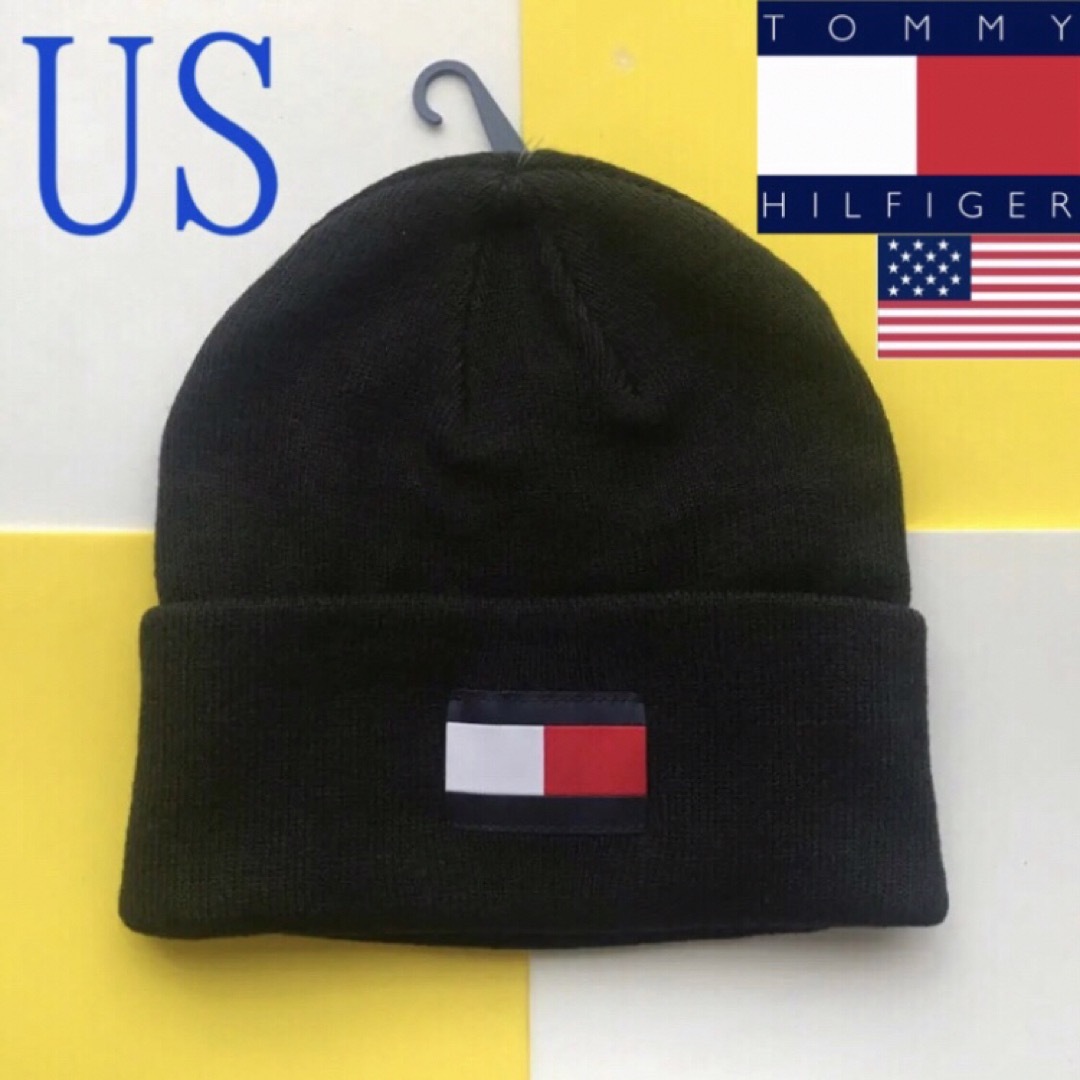 TOMMY HILFIGER(トミーヒルフィガー)のレア【新品】トミーヒルフィガー 黒 USA ニット帽 メンズの帽子(ニット帽/ビーニー)の商品写真