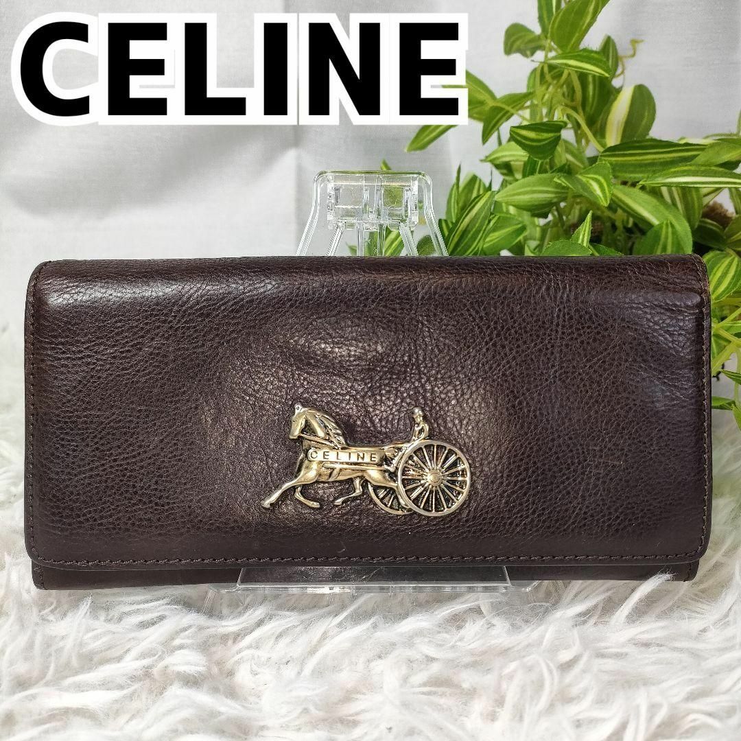 セリーヌセリーヌ 長財布 ブラウン レザー 馬車 金金具 CELINE 財布 革 茶色