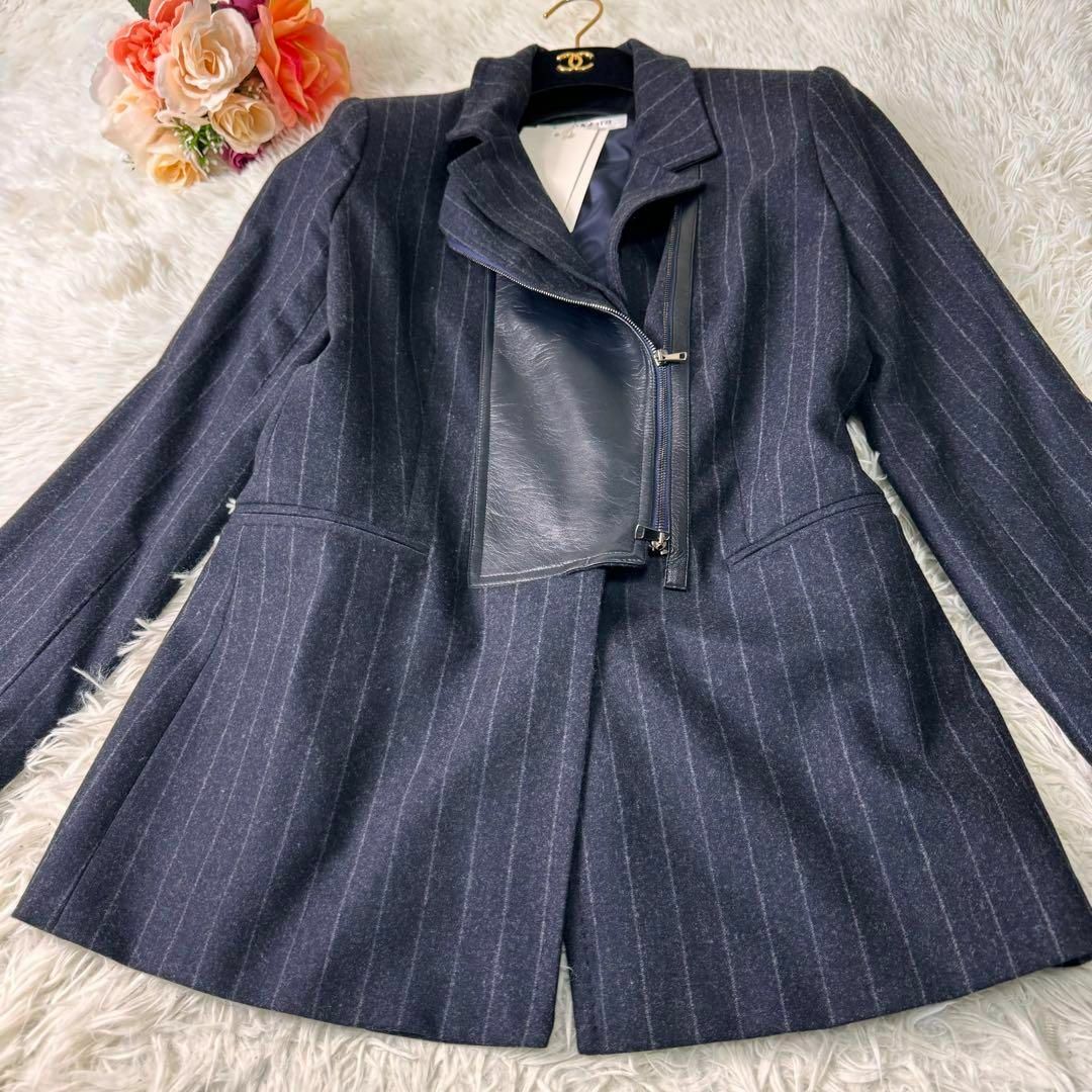 新品 Max Mara レザー切替　ジャケット　白タグ　羊革　カシミヤ　アルパカ