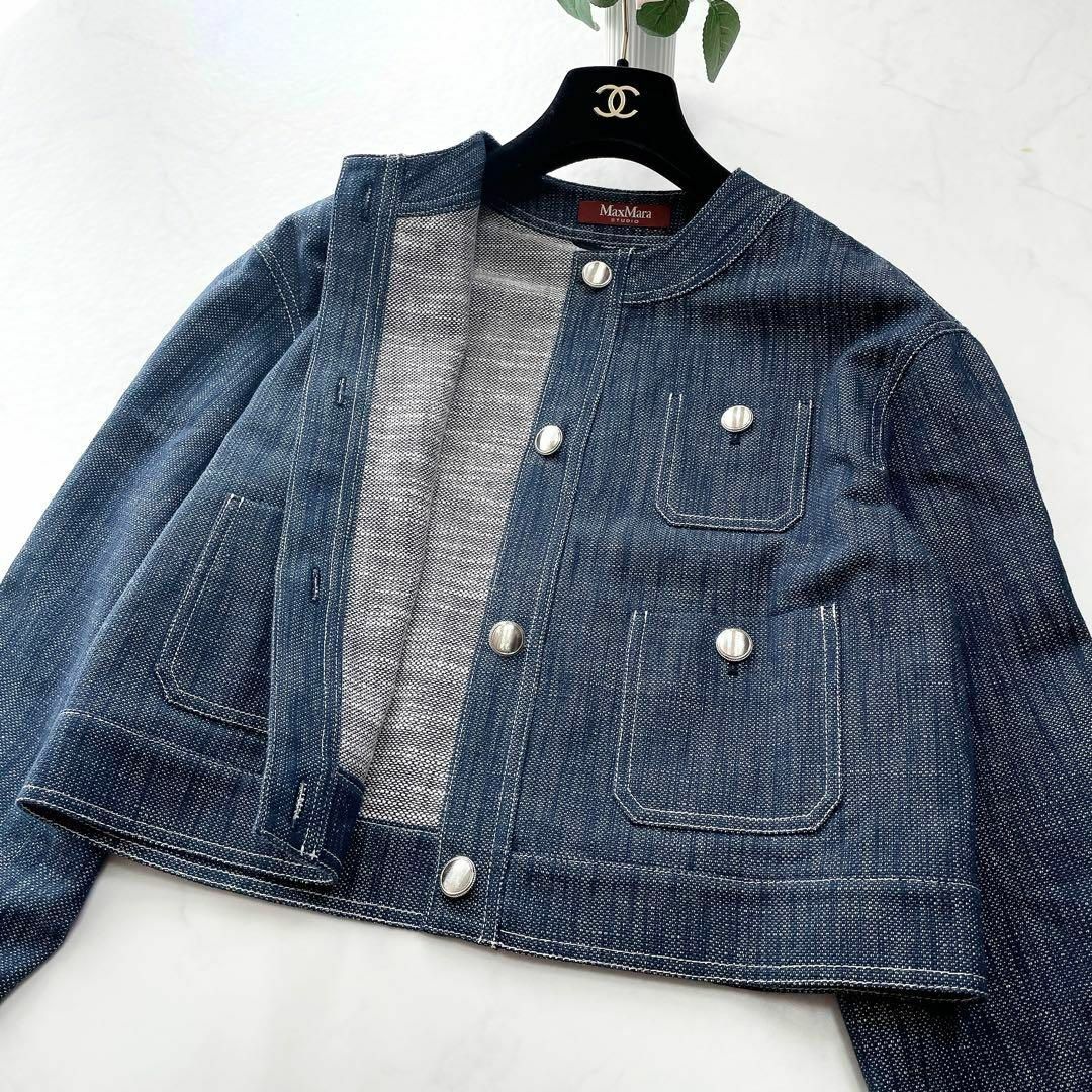 【MaxMara】2022年*コットンリネン デニム ノーカラージャケット 38 【MaxMara】2022年*コットンリネン デニム ノーカラージャケット 38
