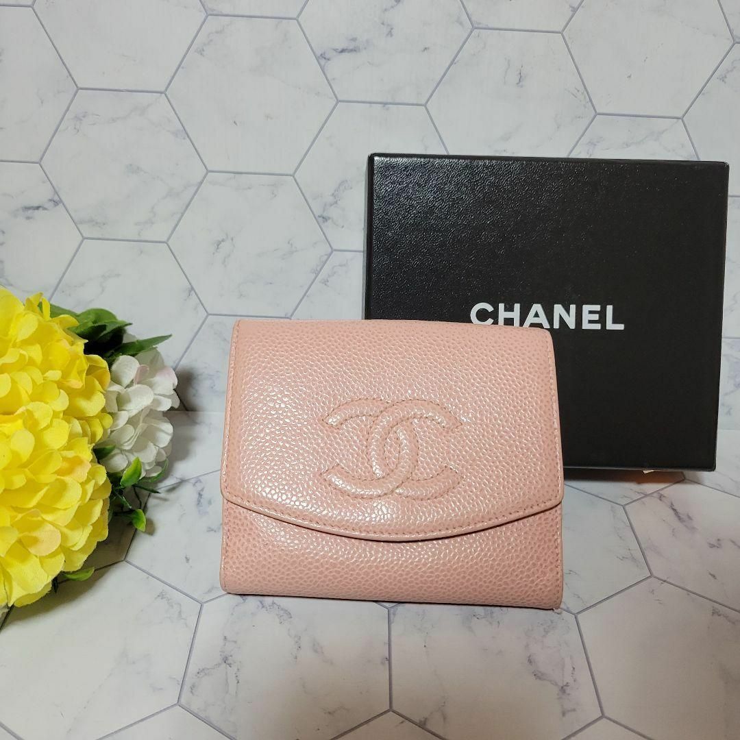 CHANEL　ココマーク　刺繍　ピンク　三つ折り　財布　ウォレット　サイフ115cm広げたたて