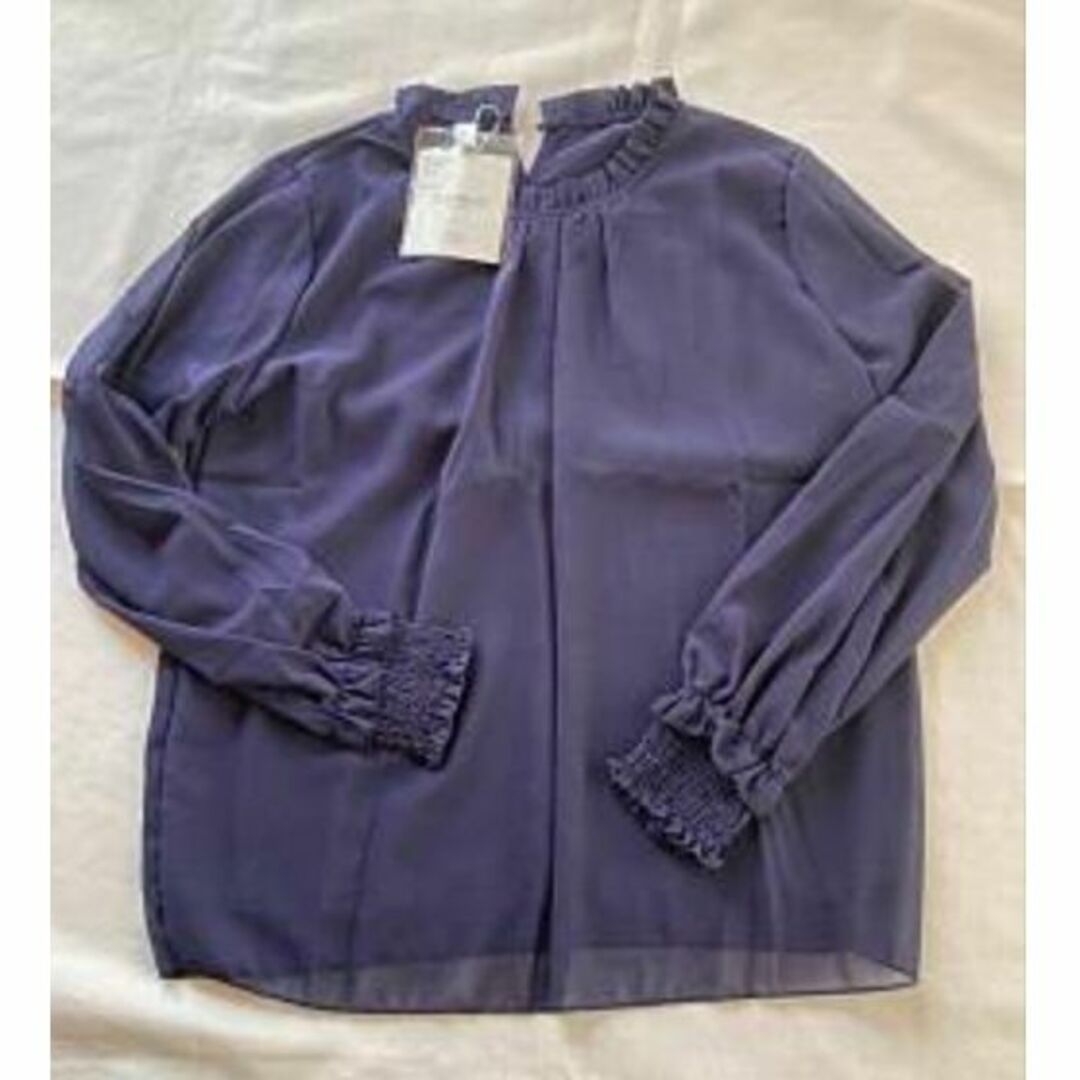 紺色 ネイビー シフォンシャツ ブラウス 卒園式 卒業式 L 韓国 フリル襟 レディースのトップス(シャツ/ブラウス(長袖/七分))の商品写真