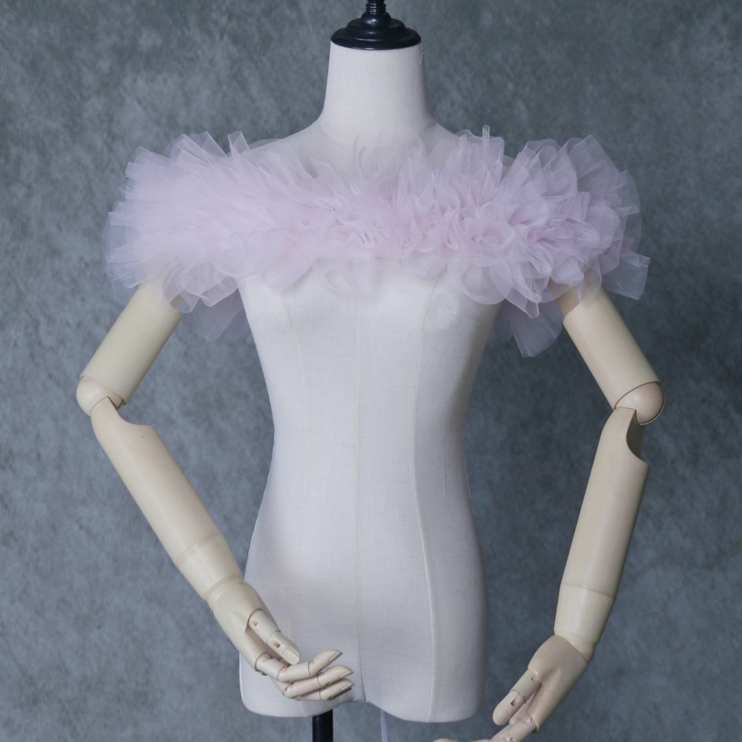 ウェディングドレス可愛い ピンク 取り外しオフショルダー ソフトチュール 細見えシルエット 色直し