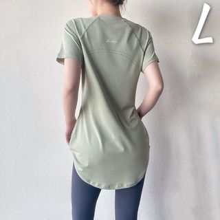 グリーンLサイズ 体型カバーロング半袖トップス ヨガウェア Tシャツ ピラティス(Tシャツ(半袖/袖なし))