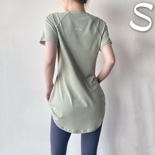グリーンSサイズ 体型カバーロング半袖トップス ヨガウェア Tシャツ ピラティス(Tシャツ(半袖/袖なし))