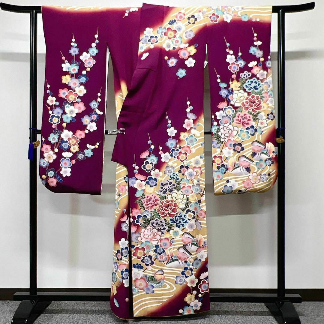 z長身305z6〇振袖 金駒刺繍 花車 牡丹 菊 梅 成人式 結婚式〇難あり