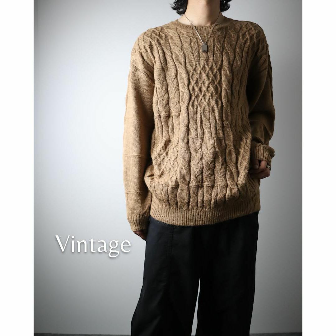 arieニット✿【vintage】ベビーアルパカ 100 ケーブル ニット セーター キャメル