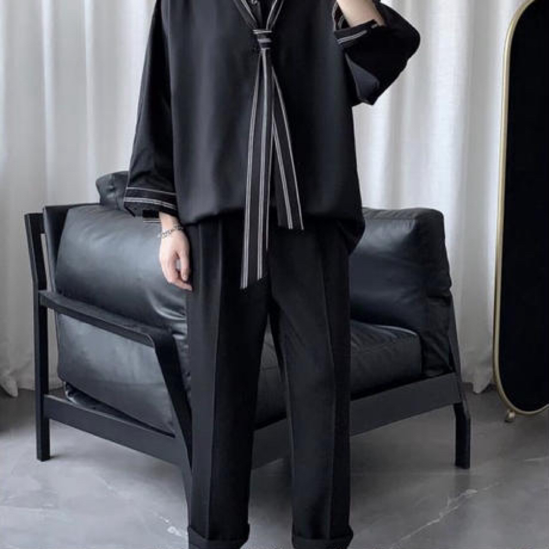 ネクタイ付き シャツ ブラック ストライプ メンズ オーバーサイズ 長袖 レディースのトップス(シャツ/ブラウス(長袖/七分))の商品写真