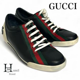 グッチ(Gucci)の【美品】グッチ　シェリーライン　スニーカー　黒　ブラック　レザー　シューズ(スニーカー)