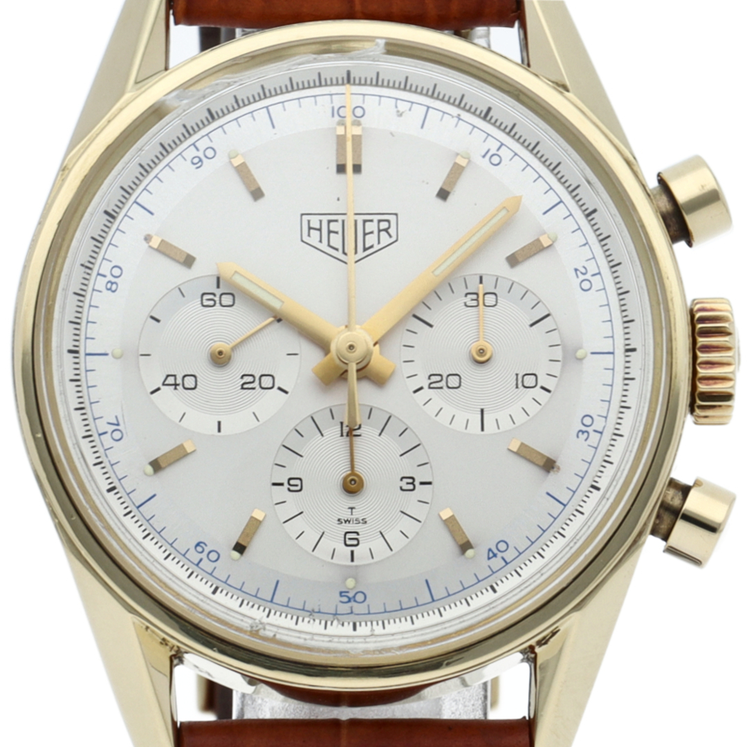 TAG Heuer(タグホイヤー)のタグ・ホイヤー カレラ クロノグラフ 1964年復刻モデル OH済 Carrera Chronograph CS3140 K18YG/革 メンズ時計 シルバー OH・仕上げ済 美品 【中古】 メンズの時計(その他)の商品写真