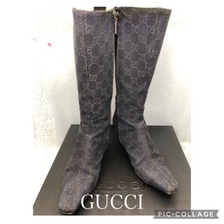 グッチ(Gucci)のヒール交換修理済み　グッチ　GGキャンバス　ロングブーツ　箱付き　シリアルNo有(ブーツ)