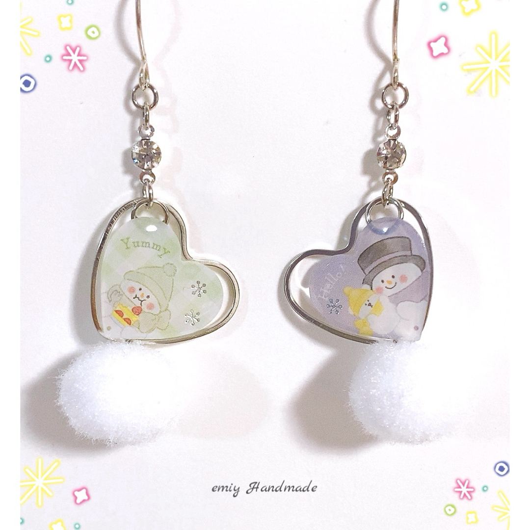 大人可愛い♡ 雪だるまと揺れる ふわボール♪ピアス・イヤリング　★ラスト1セット ハンドメイドのアクセサリー(ピアス)の商品写真