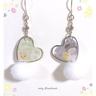 大人可愛い♡ 雪だるまと揺れる ふわボール♪ピアス・イヤリング　★ラスト1セット(ピアス)