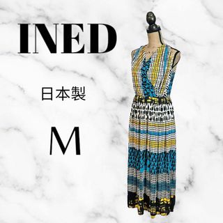 イネド(INED)の未使用✨【INED】ノースリーブワンピース　テロテロ　幾何学柄　ウエストゴム　M(ロングワンピース/マキシワンピース)