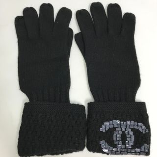 シャネル(CHANEL)のシャネル CHANEL CC ココマーク スパンコール ロング グローブ 手袋 カシミヤ ブラック 美品(手袋)