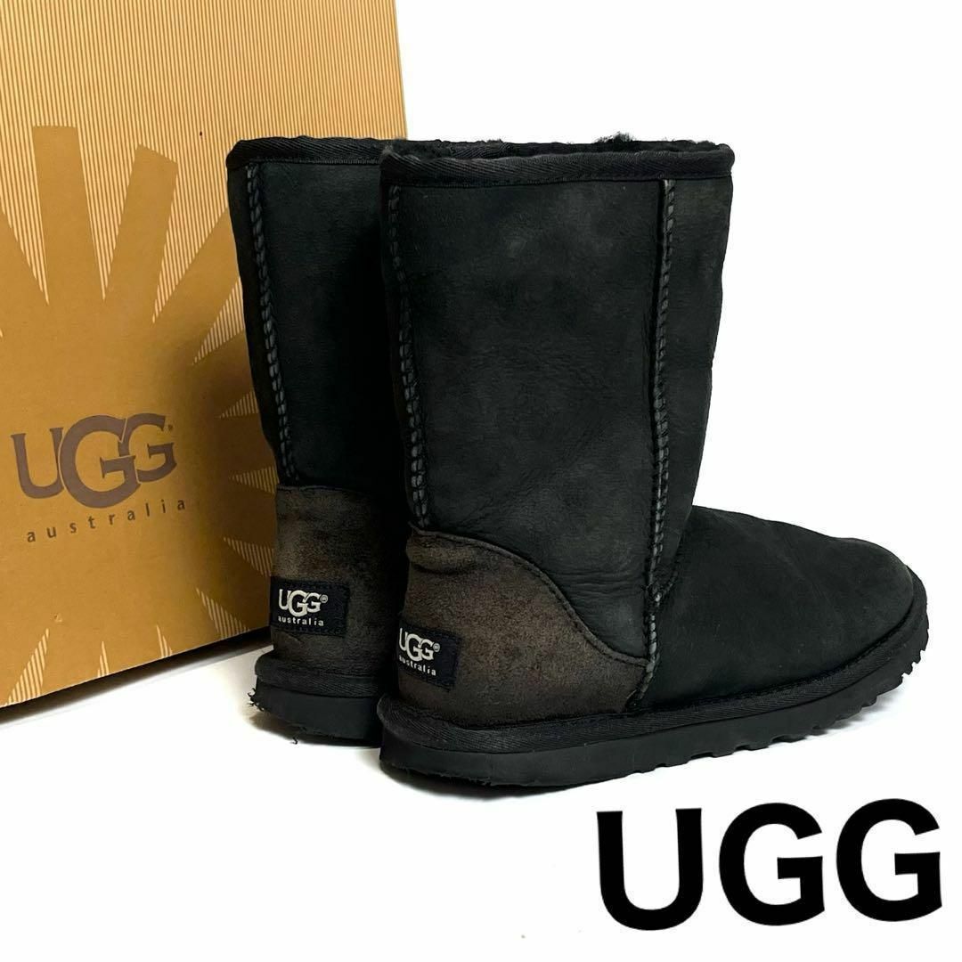 UGG(アグ)の【美品】アグ　ムートンブーツ　黒　ブラック　レザー　ボア　革靴 レディースの靴/シューズ(ブーツ)の商品写真