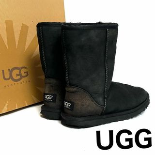 アグ(UGG)の【美品】アグ　ムートンブーツ　黒　ブラック　レザー　ボア　革靴(ブーツ)