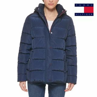 トミーヒルフィガー(TOMMY HILFIGER)の新品 M ★ トミーヒルフィガー レディース 中綿 フード ジャケット ネイビー(ダウンジャケット)