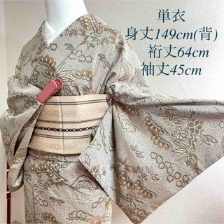 単衣  正絹 小紋 紬  裄64 ベージュ 茶 和服 呉服 きもの kimono(着物)