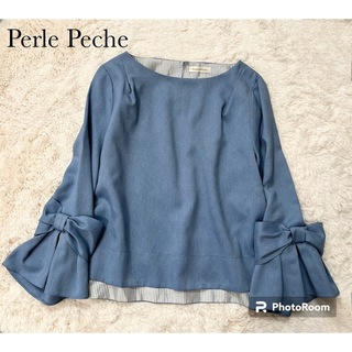 Perle Peche - Perle Peche ペルルペッシュ　袖リボンプルオーバーブラウス　ブルー