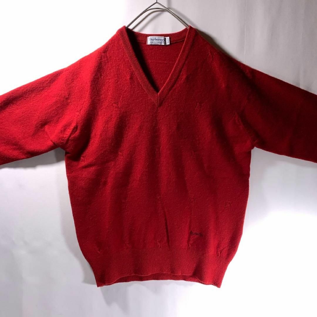 BURBERRY(バーバリー)の90s Burberrys カシミヤ ニット セーター Vネック 赤 刺繍ロゴ メンズのトップス(ニット/セーター)の商品写真