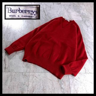 バーバリー(BURBERRY)の90s Burberrys カシミヤ ニット セーター Vネック 赤 刺繍ロゴ(ニット/セーター)