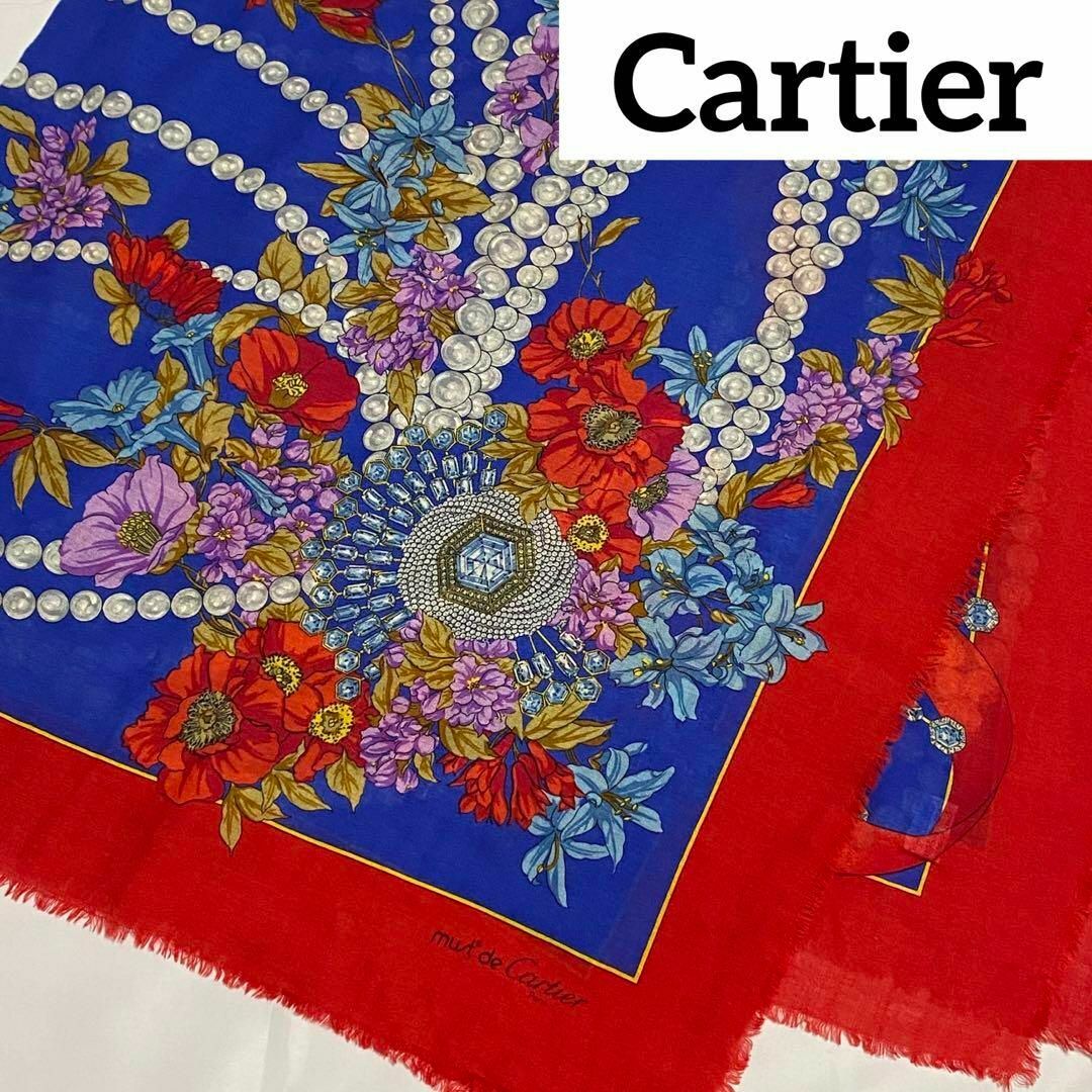 Cartier(カルティエ)の★Cartier★ストール 花 パール ビジュー ウール シルク レッド ブルー レディースのファッション小物(ストール/パシュミナ)の商品写真
