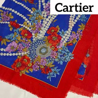 カルティエ(Cartier)の★Cartier★ストール 花 パール ビジュー ウール シルク レッド ブルー(ストール/パシュミナ)