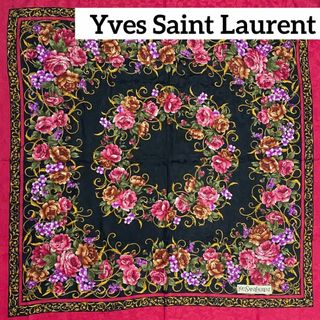 イヴサンローラン(Yves Saint Laurent)の★イヴサンローラン★ ストール 花 ウール シルク レッド ブラック(ストール/パシュミナ)