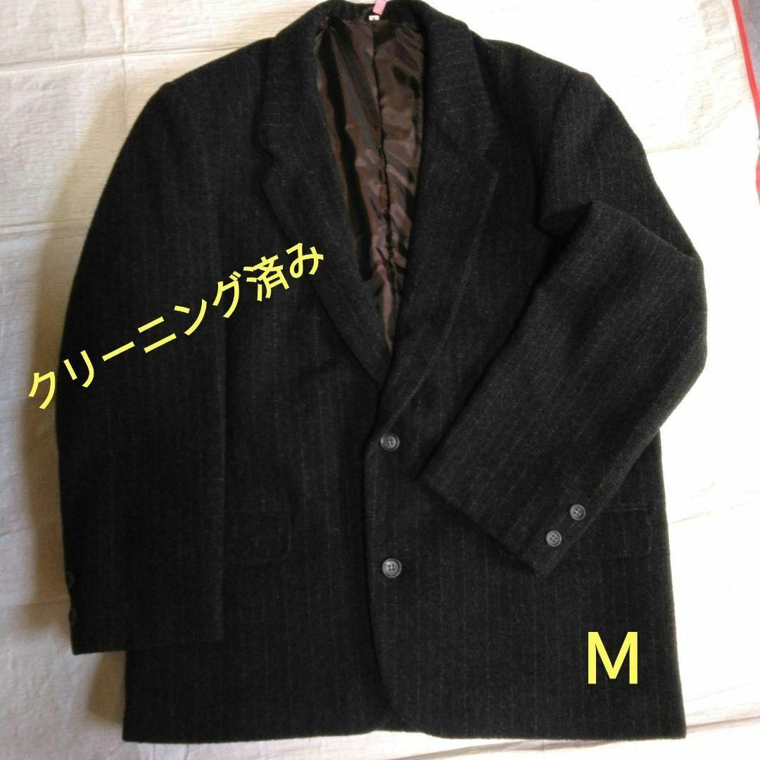 【クリーニング済】日本製でしっかり縫製　M　秋冬　毛70％混紡　焦茶にストライプ メンズのジャケット/アウター(テーラードジャケット)の商品写真
