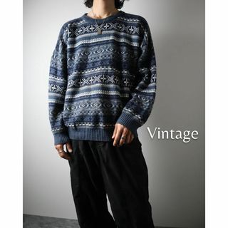 アートヴィンテージ(ART VINTAGE)の【vintage】オルテガ調 総柄 デザイン ニット セーター 青系 イタリア製(ニット/セーター)