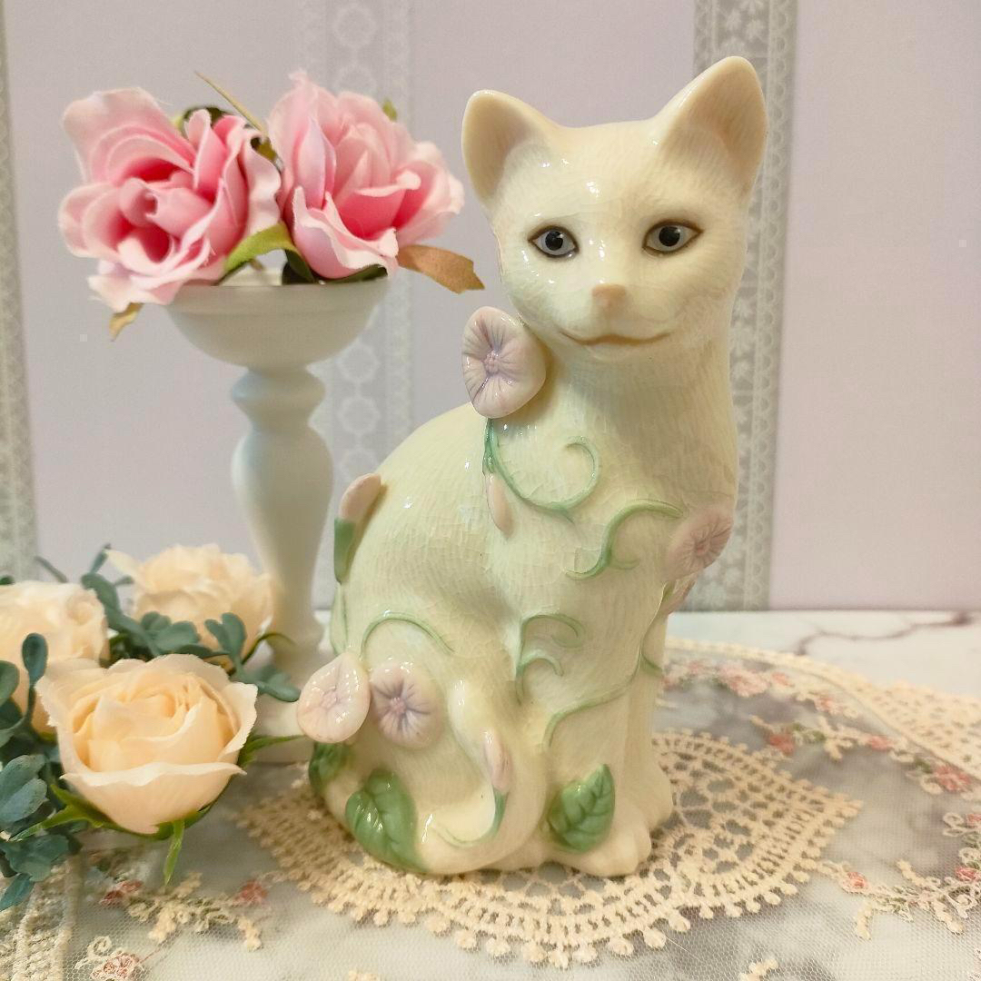 大きなサイズ LENOX レノックス 猫 白猫 陶器 置物 花 キャットCat70㎝横幅