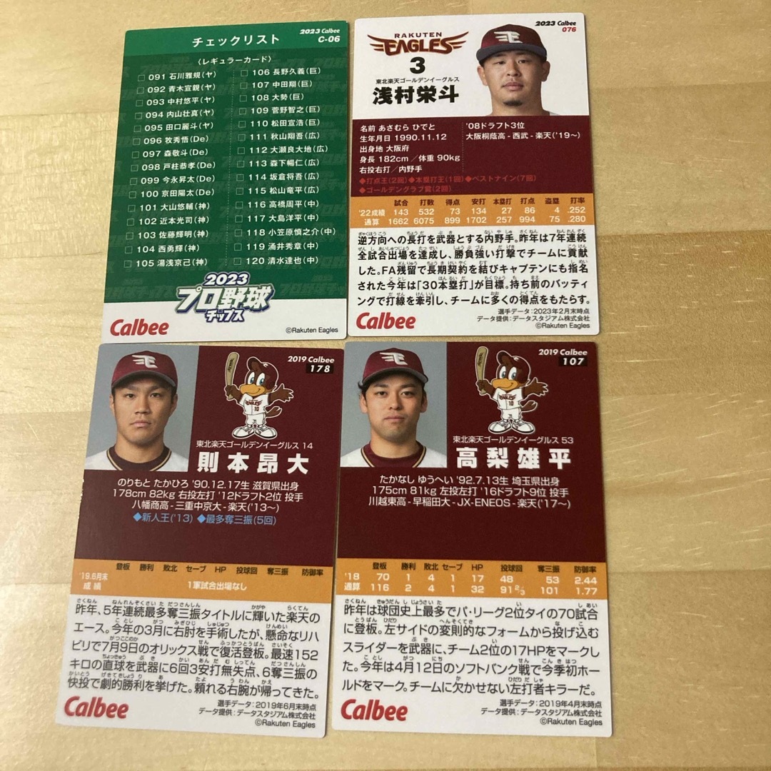 東北楽天ゴールデンイーグルス(トウホクラクテンゴールデンイーグルス)のCalbee カルビー　プロ野球チップスカード 東北楽天イーグルス　則本、高梨 エンタメ/ホビーのタレントグッズ(スポーツ選手)の商品写真