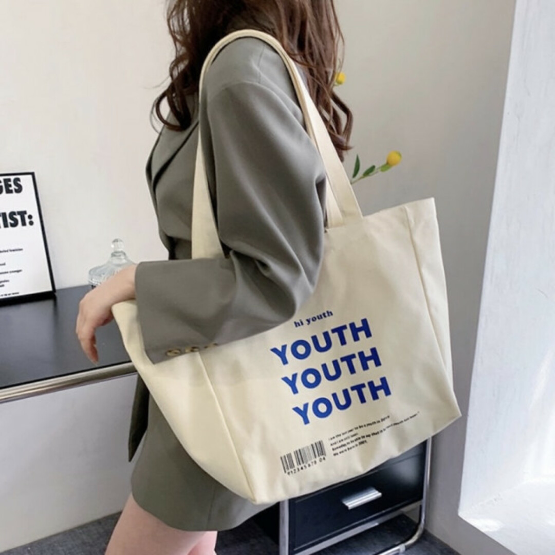 youth ロゴ キャンバストート 帆布 きなり 綺麗 美品 大容量 安い 青 レディースのバッグ(ショルダーバッグ)の商品写真