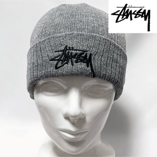 ステューシー(STUSSY)の【美品】STUSSYステューシー ①BIGストックロゴ刺繍ニットキャップ GRY(ニット帽/ビーニー)