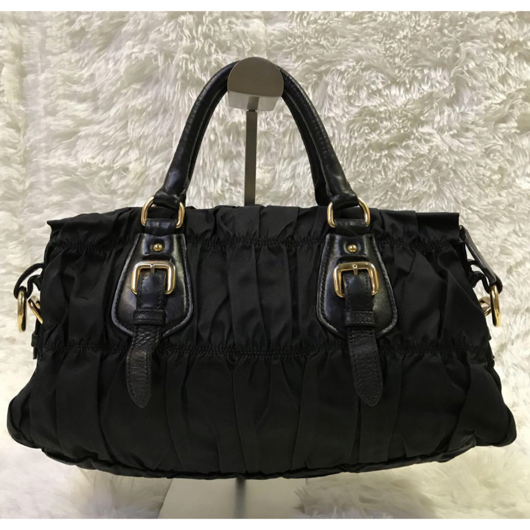 極美品】PRADA 2way ハンドバッグ ショルダー ギャザー 黒 白タグ47000