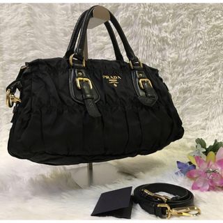 プラダ(PRADA)の【極美品】プラダ ショルダーバッグ 2way ギャザー ゴールドロゴ ナイロン(ハンドバッグ)