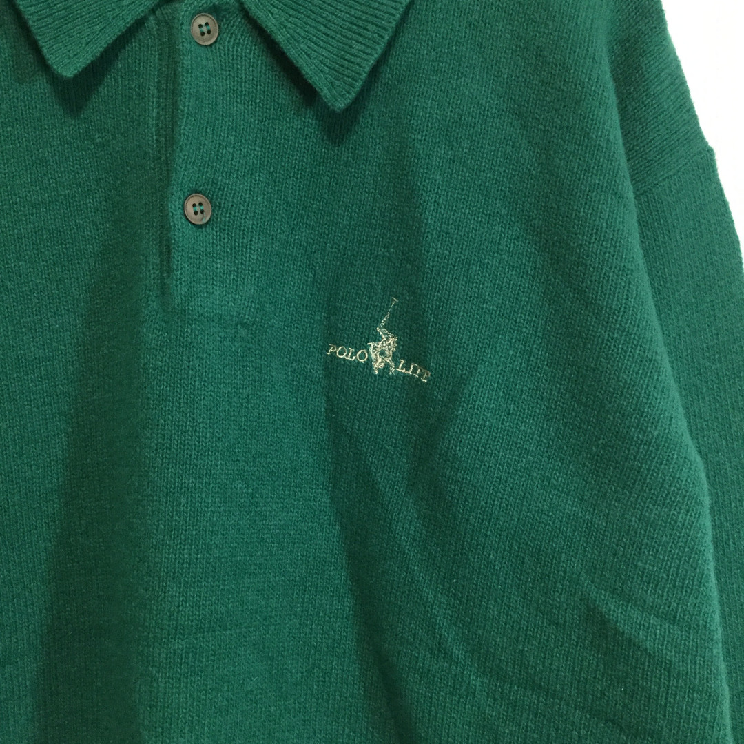 【襟付き ウールニット】レトロ ロゴ刺繍 ゆるだぼ セーター L 緑メンズ