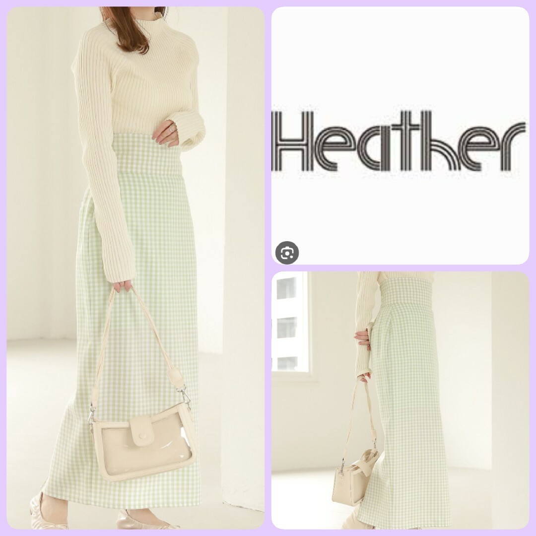 heather(ヘザー)の♡Heather ハイウエストギンガムスリットナローロングスカートSグリーン緑白 レディースのスカート(ロングスカート)の商品写真