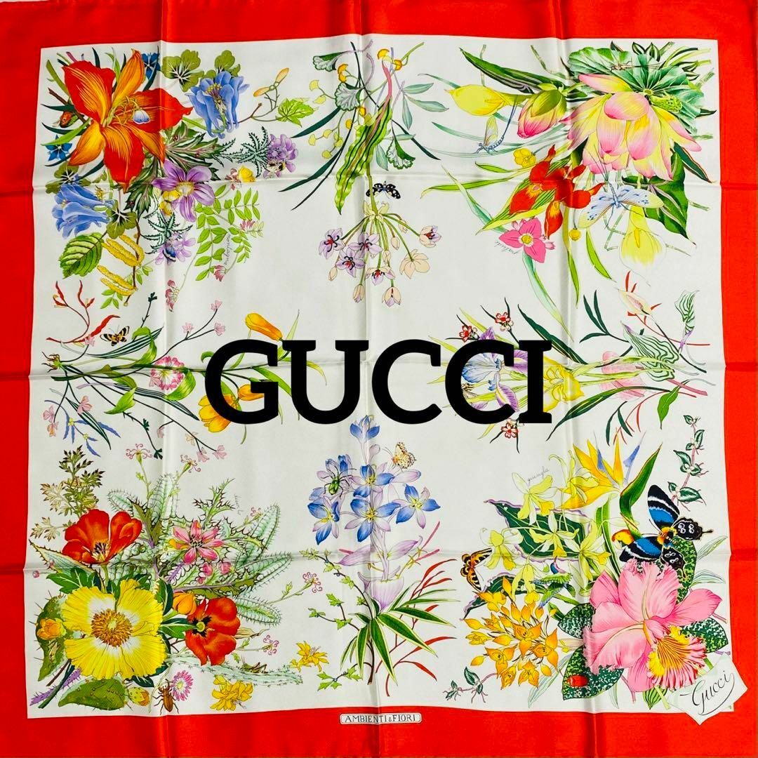 Gucci(グッチ)の★GUCCI★ スカーフ 大判 花 昆虫 シルク レッド ホワイト レディースのファッション小物(バンダナ/スカーフ)の商品写真