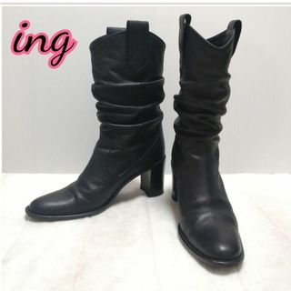 イング(ing)のing イング★ミドルブーツ★24.0cm★レザー ブラック チャンキーヒール(ブーツ)