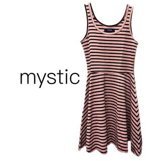 ミスティック(mystic)のmystic【美品】ピンク×黒 ボーダー ノースリーブ フレア ワンピース(ひざ丈ワンピース)