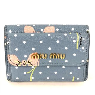 ミュウミュウ(miumiu)のミュウミュウ MIUMIU マドラス コンパクトウォレット ロゴ フラワー 3つ折り財布 水玉 ドット 3つ折り財布 レザー ブルー 新品同様(財布)