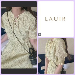 ♡LAUIR 花柄リボンシフォンロングワンピースM半袖イエロー黄色韓国可愛い春夏(ロングワンピース/マキシワンピース)