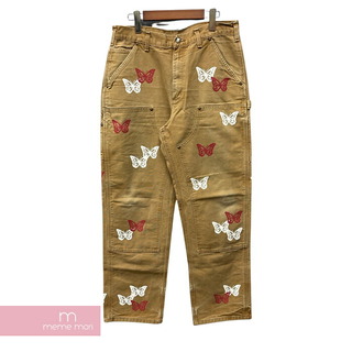 カーハート(carhartt)のABOUT DREAMS Butterfly Double Knee Pants アバウトドリームズ バタフライダブルニーパンツ ペインター バタフライプリント 蝶 総柄 リメイク 加工 ジップフライ カーハートボディ ベージュ サイズ34【231227】【中古-A】【me04】(スラックス/スーツパンツ)