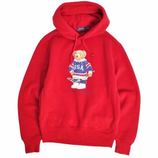 ポロラルフローレン(POLO RALPH LAUREN)の美品 ポロラルフローレン POLO RALPH LAUREN ポロベア スウェット パーカー プルオーバー フーディー コットン 裏起毛 トップス レディース XS レッド(パーカー)