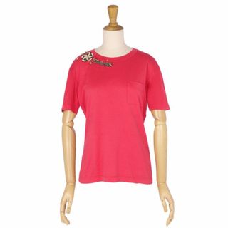 ルイヴィトン(LOUIS VUITTON)の美品 ルイヴィトン LOUIS VUITTON Tシャツ カットソー ショートスリーブ 半袖 スタッズ パッチ 胸ポケット コットン レディース S レッド(カットソー(半袖/袖なし))