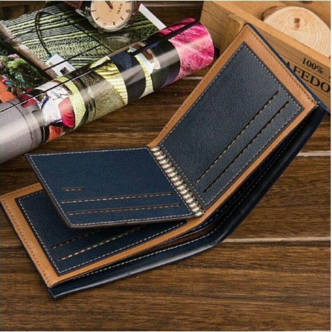 二つ折り財布 メンズ PUレザー合皮 財布 大容量 カード入れ（ブラウン色） メンズのファッション小物(折り財布)の商品写真