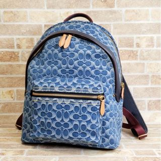 コーチ(COACH)の美品 コーチ ☆ シグネチャー デニム レザーコンビ リュックサック　A4OK(バッグパック/リュック)